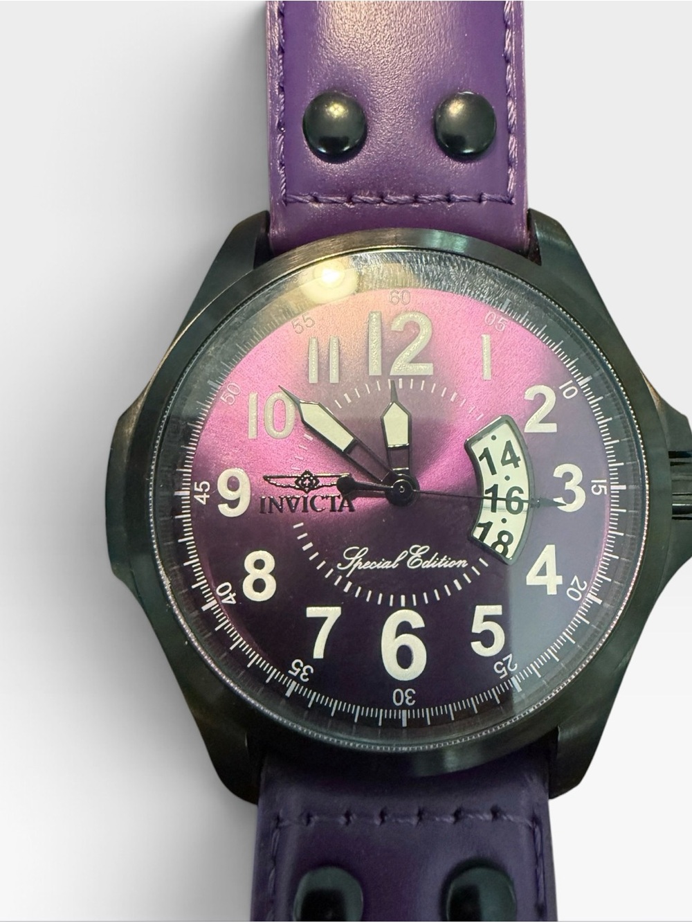 Invicta Specialty 18666 Purple Leather Watch 48mm Black Tone Quartz Date Special